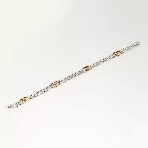 GUCCI Interlocking G Chain Bracelet 7" Silver 925 & 18K Yellow Gold Auth w/Box - Picture 2 of 15